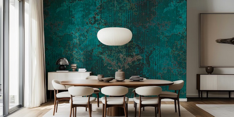 Ứng dụng giấy dán tường xanh cổ vịt trong phòng ăn