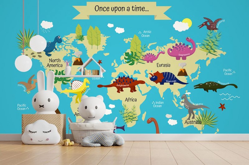 Giấy dán tường mầm non bản đồ thế giới động vật