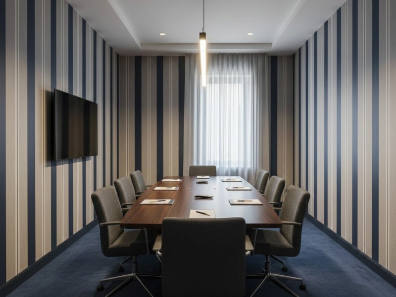 Mẫu giấy sọc dọc xanh navy - trắng giúp không gian trông cao, thoáng hơn, thể hiện sự năng động, tin cậy