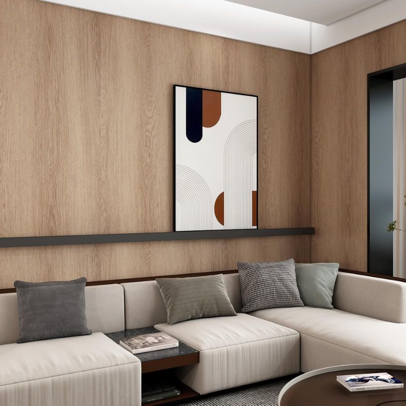 Giấy dán tường màu nâu sữa vân gỗ sáng