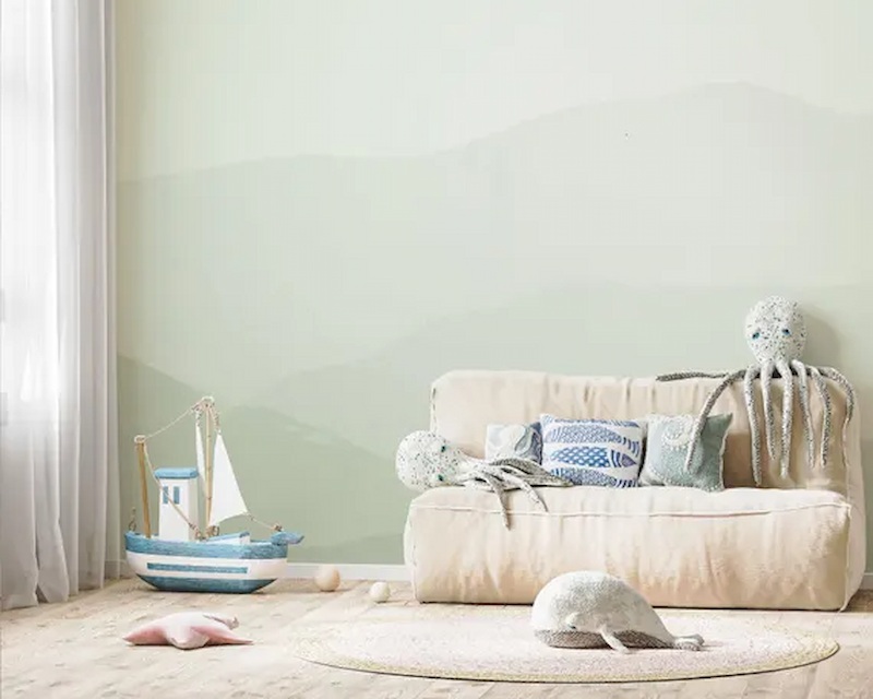 Ứng dụng giấy dán tường màu xanh pastel cho phòng trẻ em