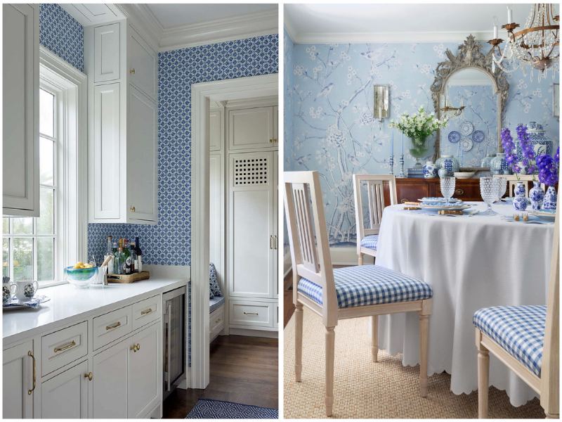 Giấy dán tường xanh lam trong phòng bếp và phòng ăn