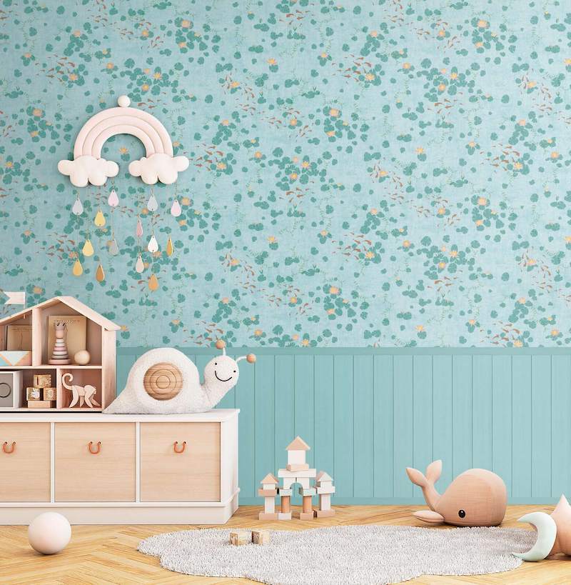 Giấy dán tường xanh ngọc kết hợp họa tiết hoa lá Giấy dán tường xanh ngọc kết hợp họa tiết hoa lá