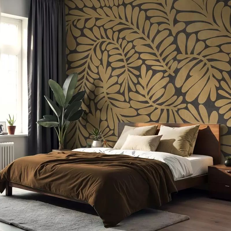 giấy dán tường họa tiết lá cây màu nâu vàng