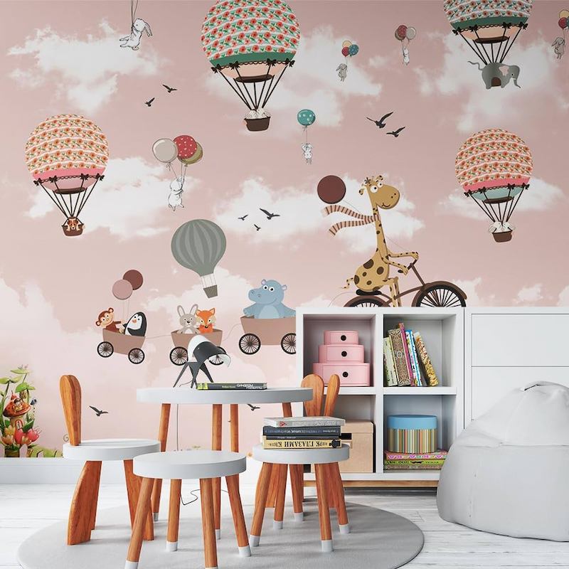 Giấy dán tường mầm non khinh khí cầu và mây trời