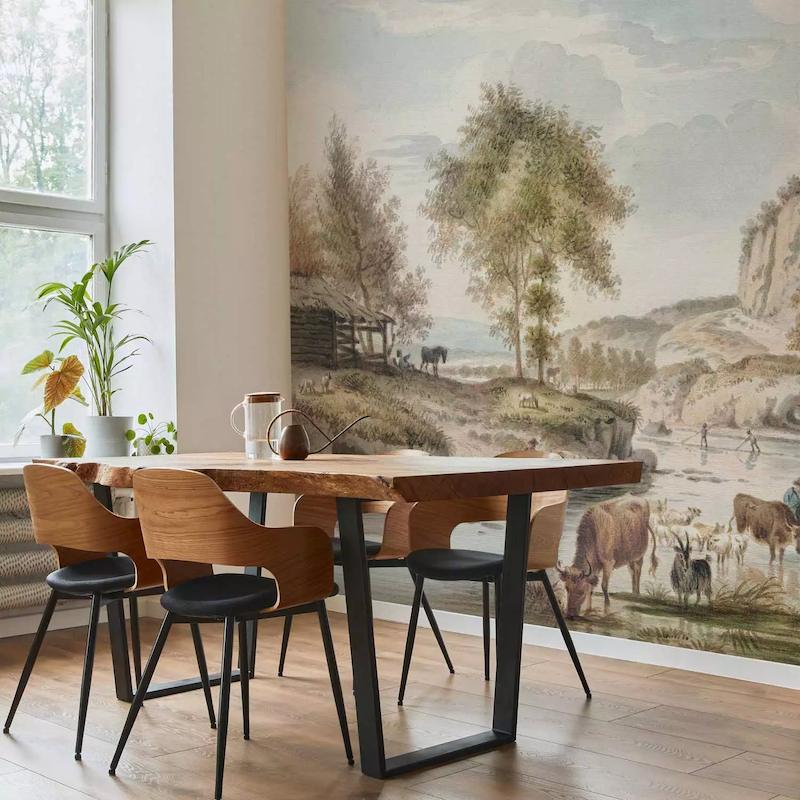 Mẫu tranh dán tường phong cảnh sơn thủy hữu tình cho nhà hàng Á Đông