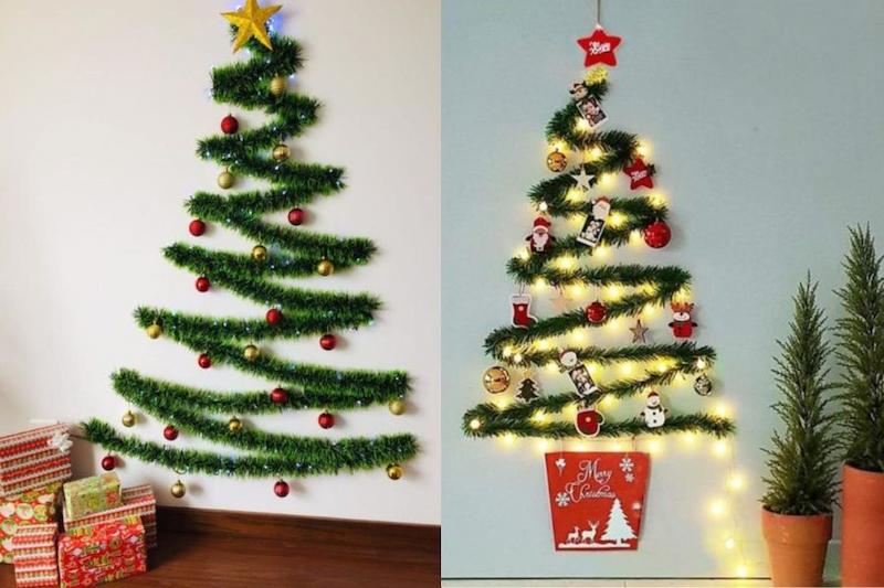 Trang trí cây thông Noel trên tường với dây kim tuyến và đèn nhấp nháy