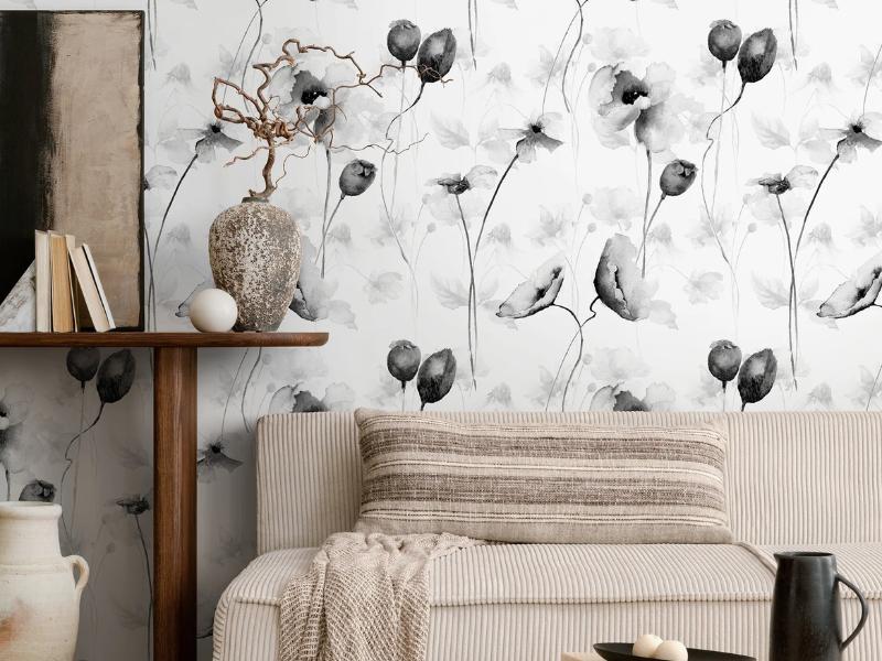 Phối hợp giấy dán tường màu trắng đen với các gam màu trung tính để tạo sự cân bằng Phối hợp giấy dán tường màu trắng đen với các gam màu trung tính để tạo sự cân bằng