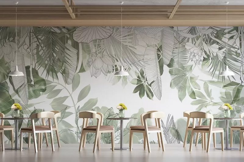 Mẫu giấy dán tường họa tiết rừng cây nhiệt đới, tạo không gian xanh mát, thư giãn