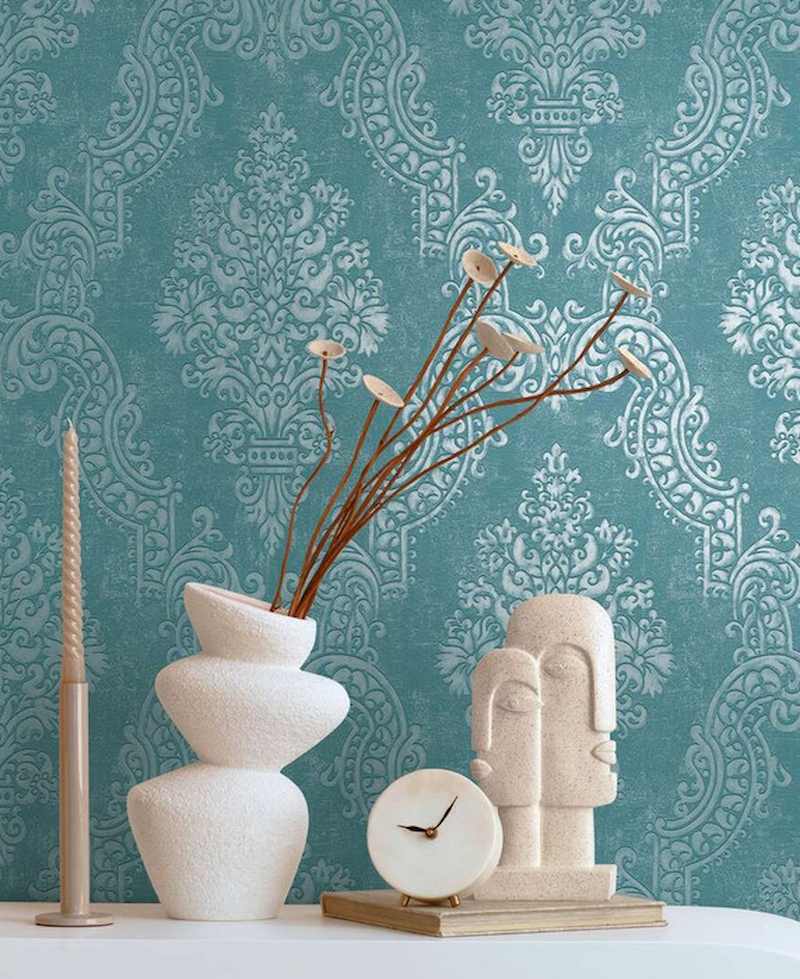 Giấy dán tường xanh ngọc trơn, họa tiết chìm Giấy dán tường xanh ngọc trơn, họa tiết chìm