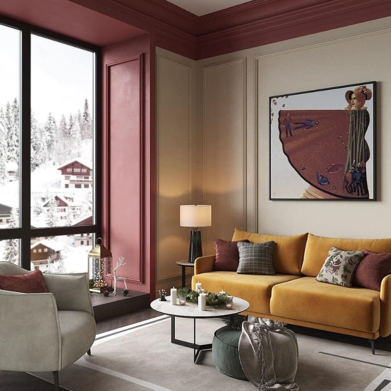 Kết hợp bức tường màu nâu sữa với rèm cửa màu kem, sofa màu be Kết hợp bức tường màu nâu sữa với rèm cửa màu kem, sofa màu be