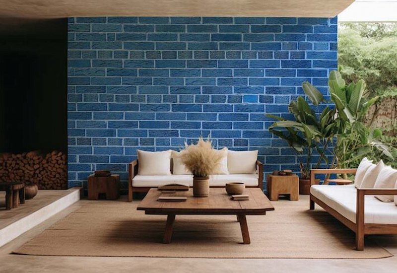 giấy dán tường giả gạch màu xanh