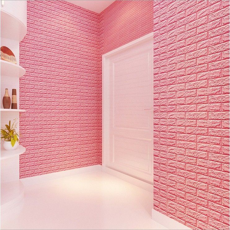 giấy dán tường giả gạch màu hồng